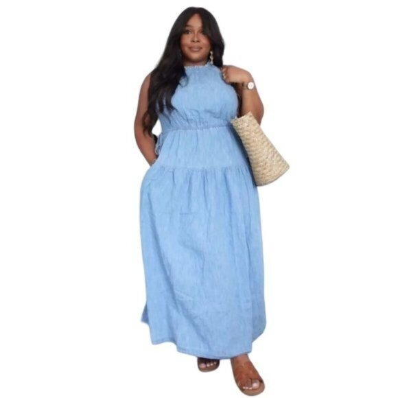 GAP 100% Organic Cotton High Neck Denim Maxi Dress Women's Size XXL NEW with Tag - Picture 1 of 6